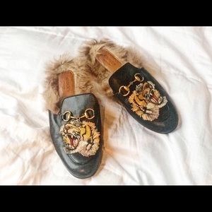 Gucci Princetown Leather Fur Mules